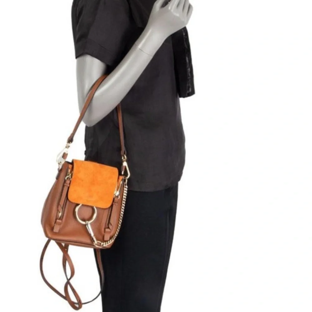 Chloe Faye Mini Backpack Tobacco Brown Suede Leather Gold Circle Hardware - Picture 15 of 15